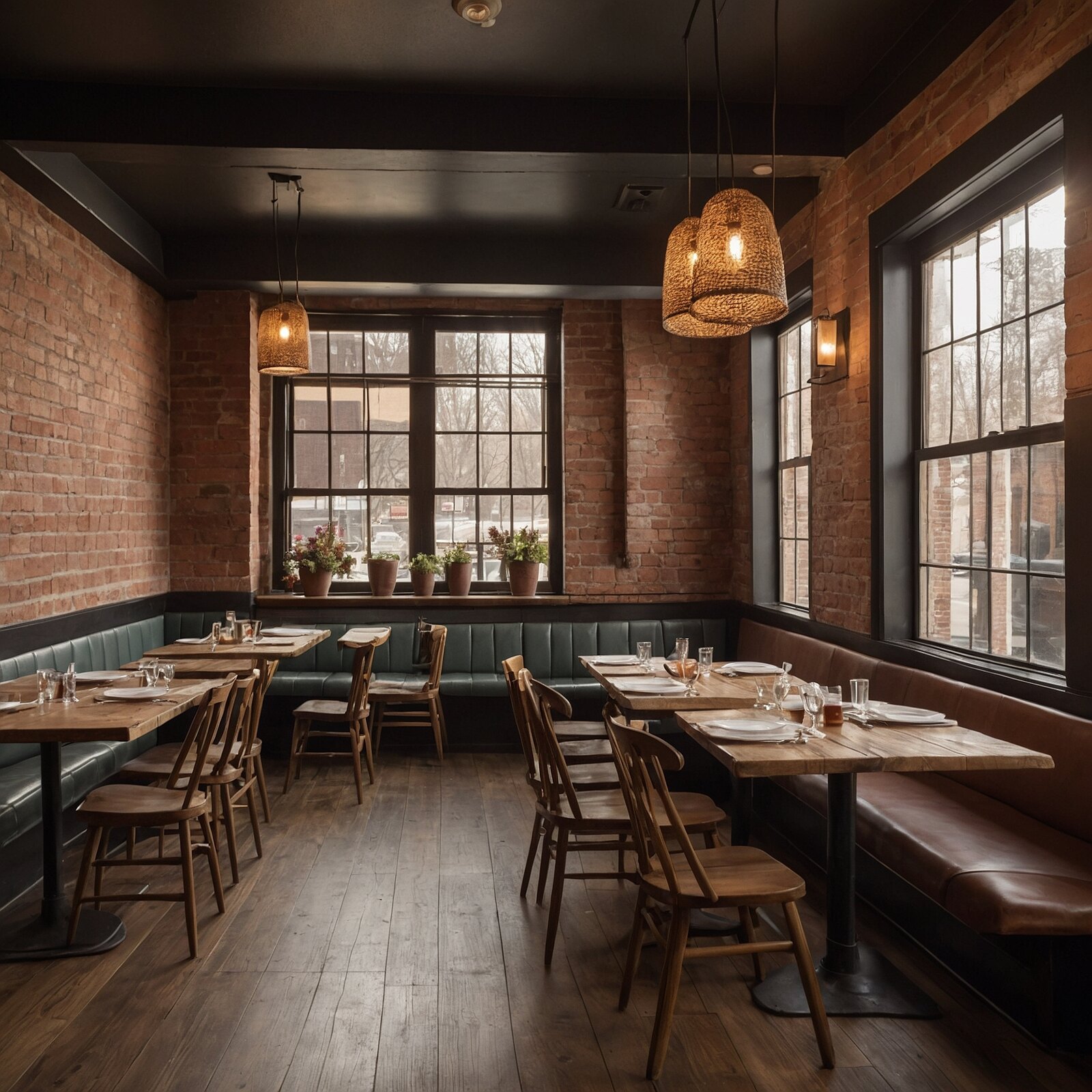 Restaurant dining room with wooden tables, warm ambient lighting, and welcoming interior