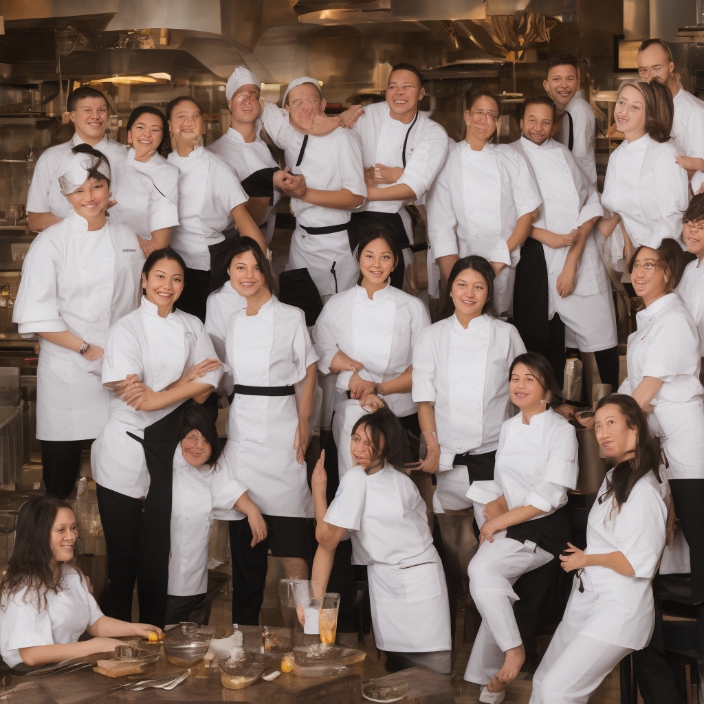 Restaurant team working together in professional uniforms