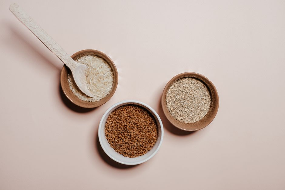 Overhead view of nutritious grain and vegetable bowl