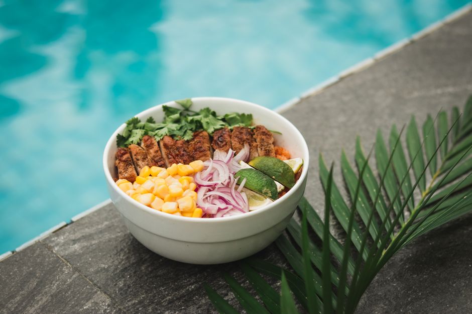 Fresh protein and grain bowl with vegetables and grains