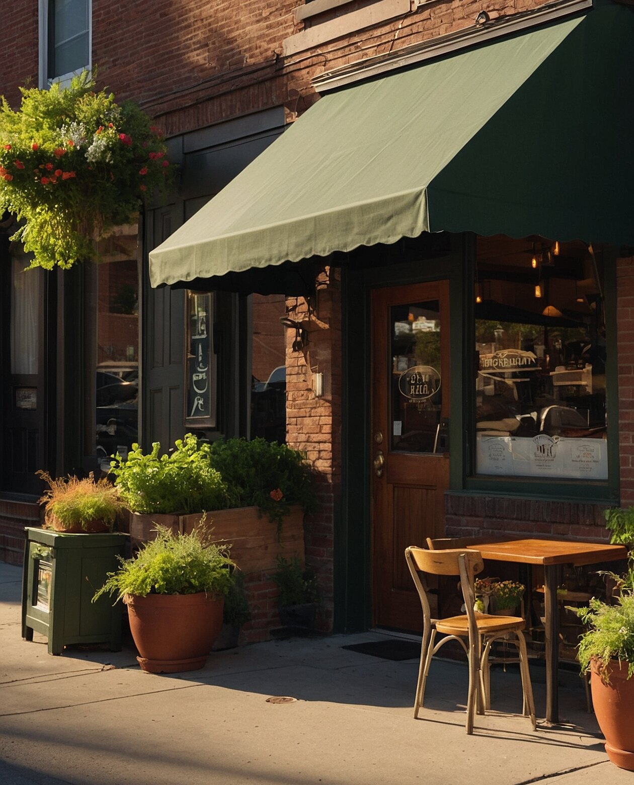 Charming brick storefront with green awning and outdoor seating with potted plants