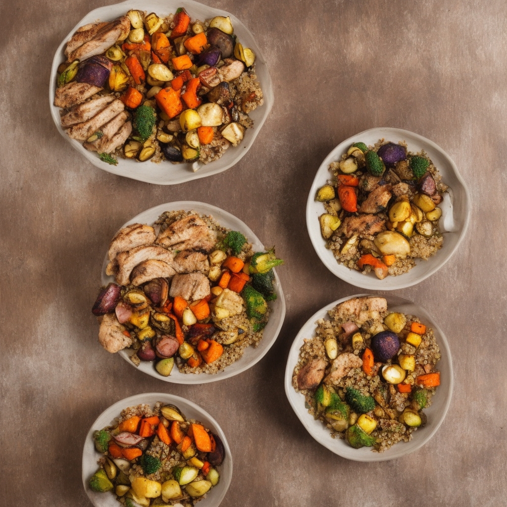 Artfully arranged grain bowl with roasted vegetables, quinoa, and protein