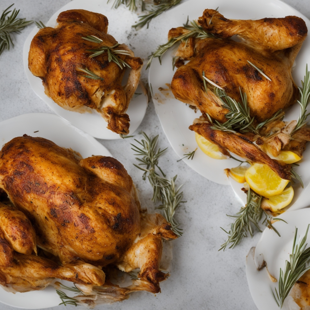 Golden-brown roasted chicken with crispy skin and herbs on white plate