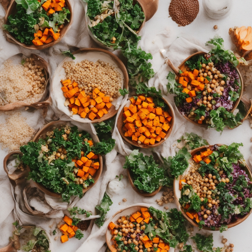 Vibrant healthy grain bowl with quinoa, chickpeas, roasted sweet potato, kale, and tahini dressing