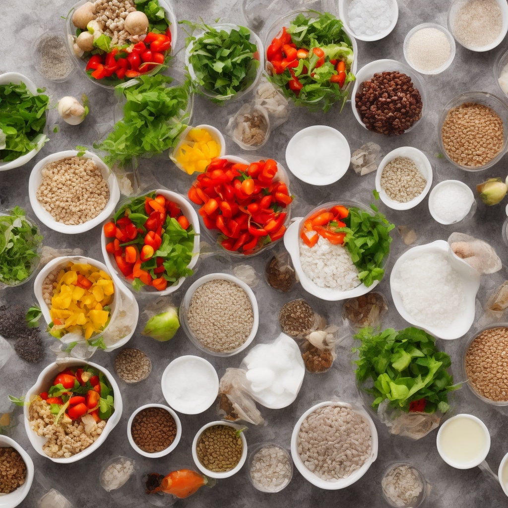 Organized ingredient station with prepared bowls of fresh vegetables, grains, and proteins in a bright kitchen