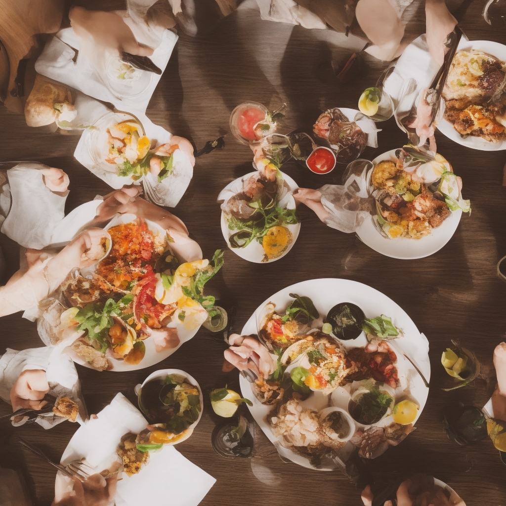 Happy customer enjoying a healthy meal at a restaurant table with natural lighting