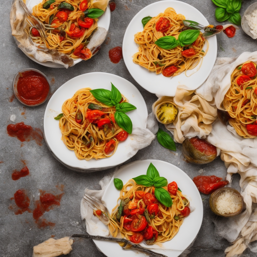 Professionally plated gluten-free pasta with fresh basil and grilled vegetables